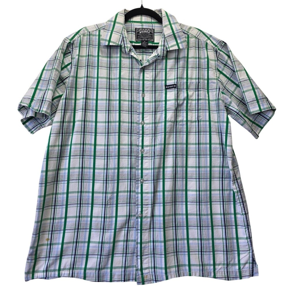 Avirex Mens XL Plaid Short Sleeve Button Down‎ Shirt Green Blue 100% Cotton